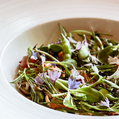 A dish featuring a mix of fresh greens, edible flowers, and possibly other vegetables served in a white bowl, offering a vibrant and colorful presentation.