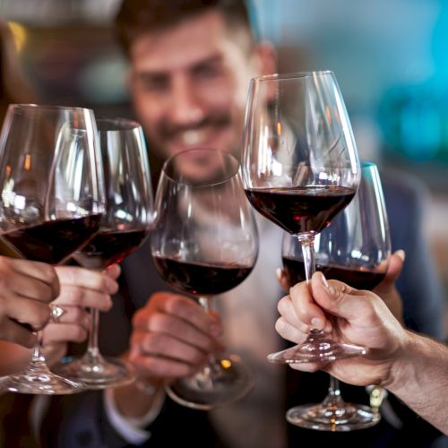 A group of people is toasting with glasses of red wine, appearing cheerful and celebratory in a social setting.